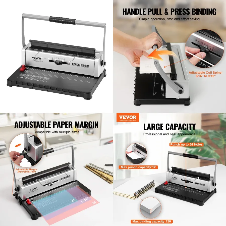 

VEVOR Coil Spiral Binding hine Manual Book Maker 34Holes Binding 120 Sheets Punch Binder with Adjustable 3 16" 9 16" Coil Bindi
