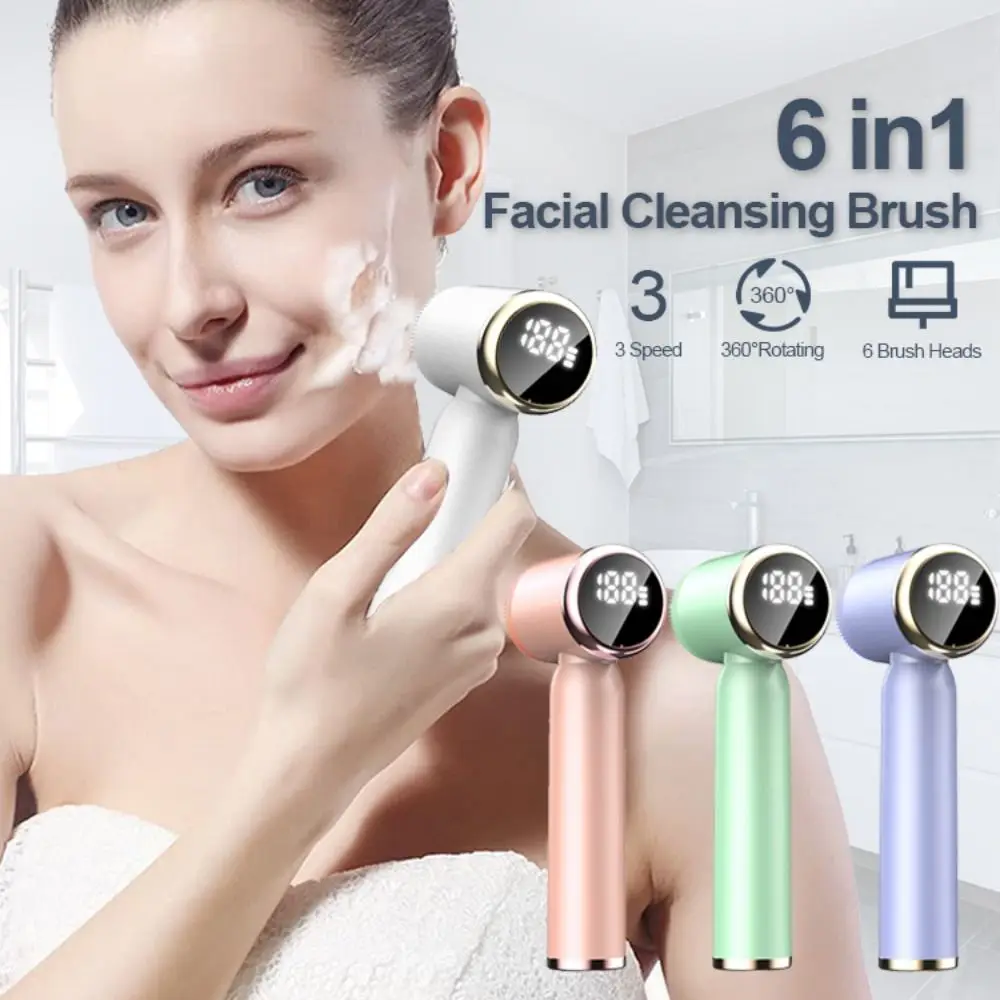 6 in 1 Electric Face Cleansing Brush Hot Cold Compress IPX6 Waterproof Ultrasonic Face Scrubber 3 Modes LED Display