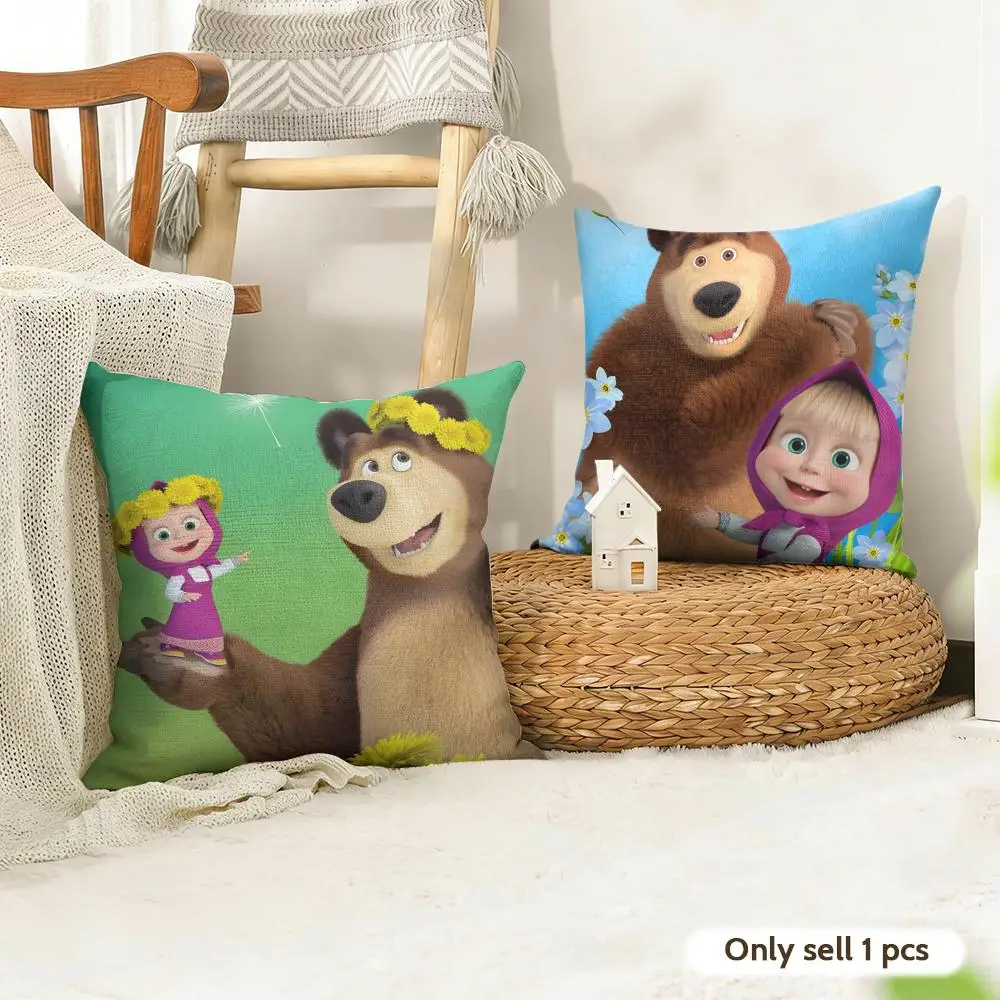 M-Masha And B-Bear Cushion Cover Natural Linen Organic Fabric Double-Sided Printing Room Sofa Decor Pillow Case