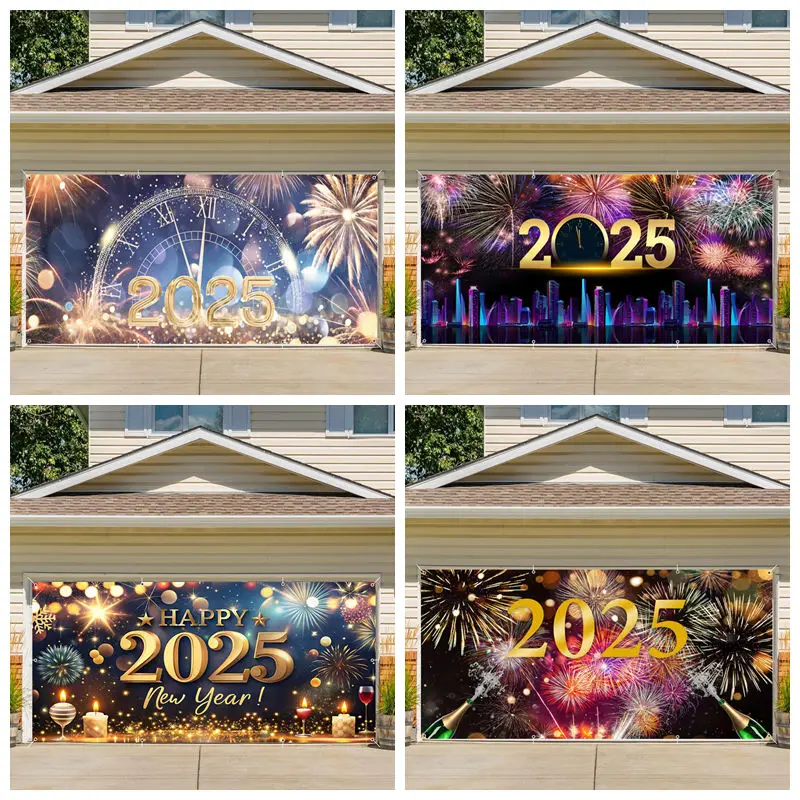 

2025 Happy New Year Garage Door Decoration Banner Glitter Fireworks Champagne New Year Eve Party Outdoor Garage Door Background