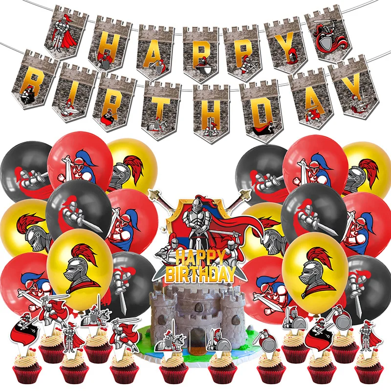 Medieval Armored Knight Theme Birthday Party Decoration Middle Ages Castle Backdrop Banner Balloon Cake Topper Banner Kids Boys