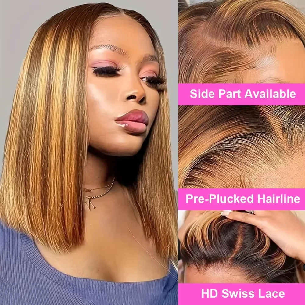 密度200 ハイライト 4/27 ショートボブ人毛ウィッグ 14インチ ハニーブロンド カラーレースウィッグ 13x4 透明レース人毛ウィッグ