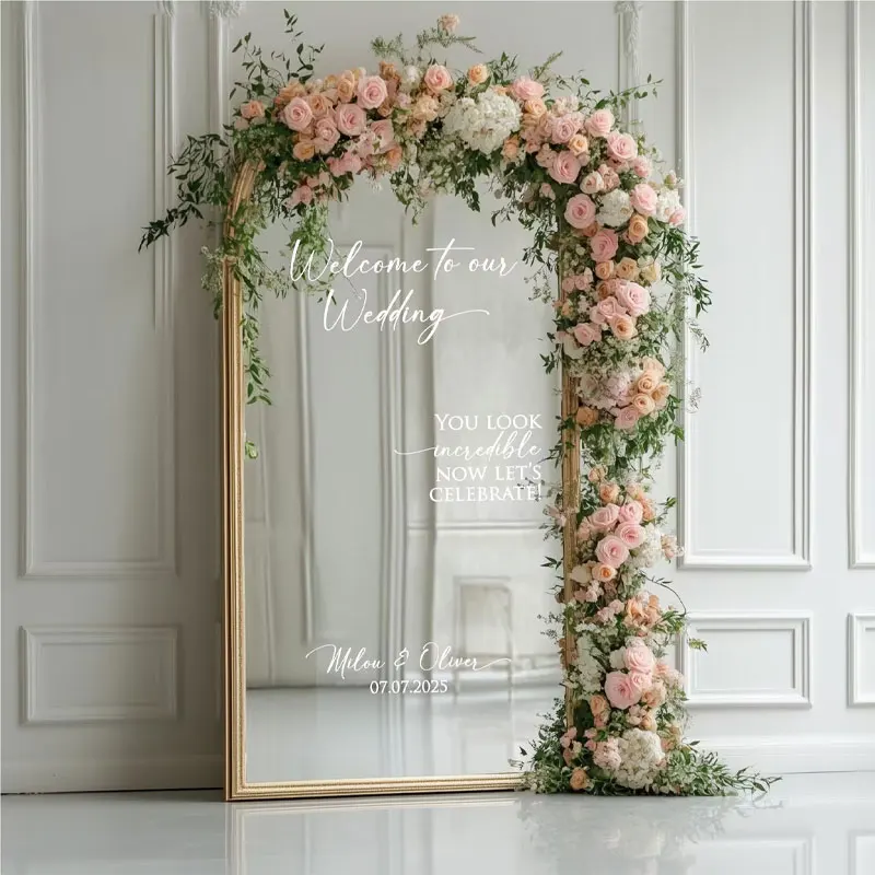 Custom Wedding Mirror Decal, Personalized Wedding Name and Date Decor Sticker, Welcome To Our Wedding Sign Decals Q142