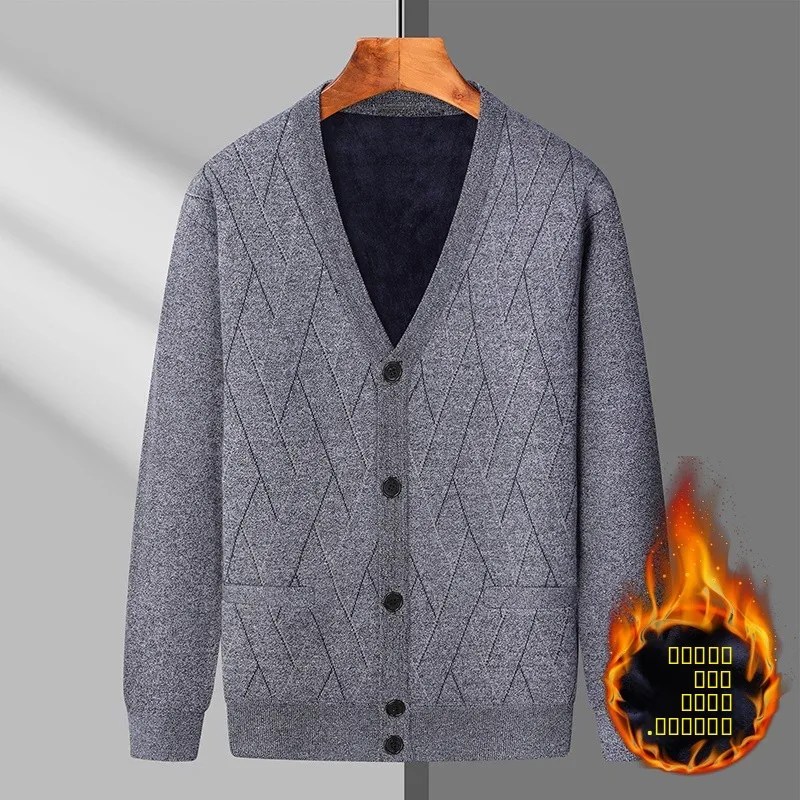 

Thiened Woolen Knitted Cardigan V-Ne Dad Sweater Autumn Winter Men's Outerwear Warm Ele Sle Long Sve Casual Wear