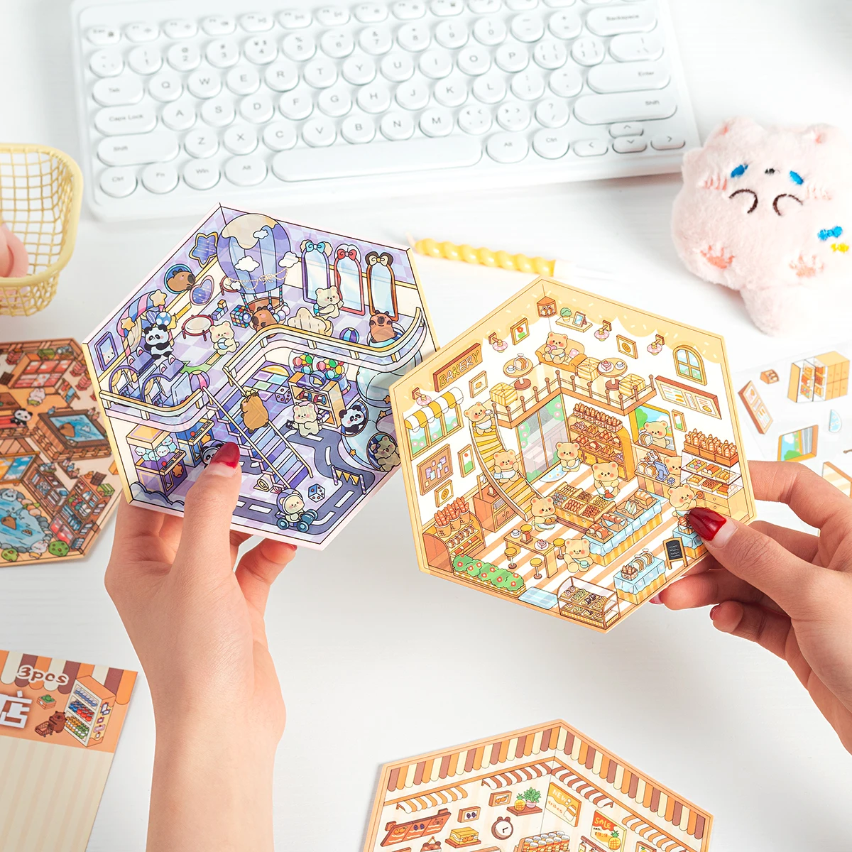 3 pcs/bag creative 3D scene sticker set, animal combination life scene pattern DIY design hexagonal scene sticker