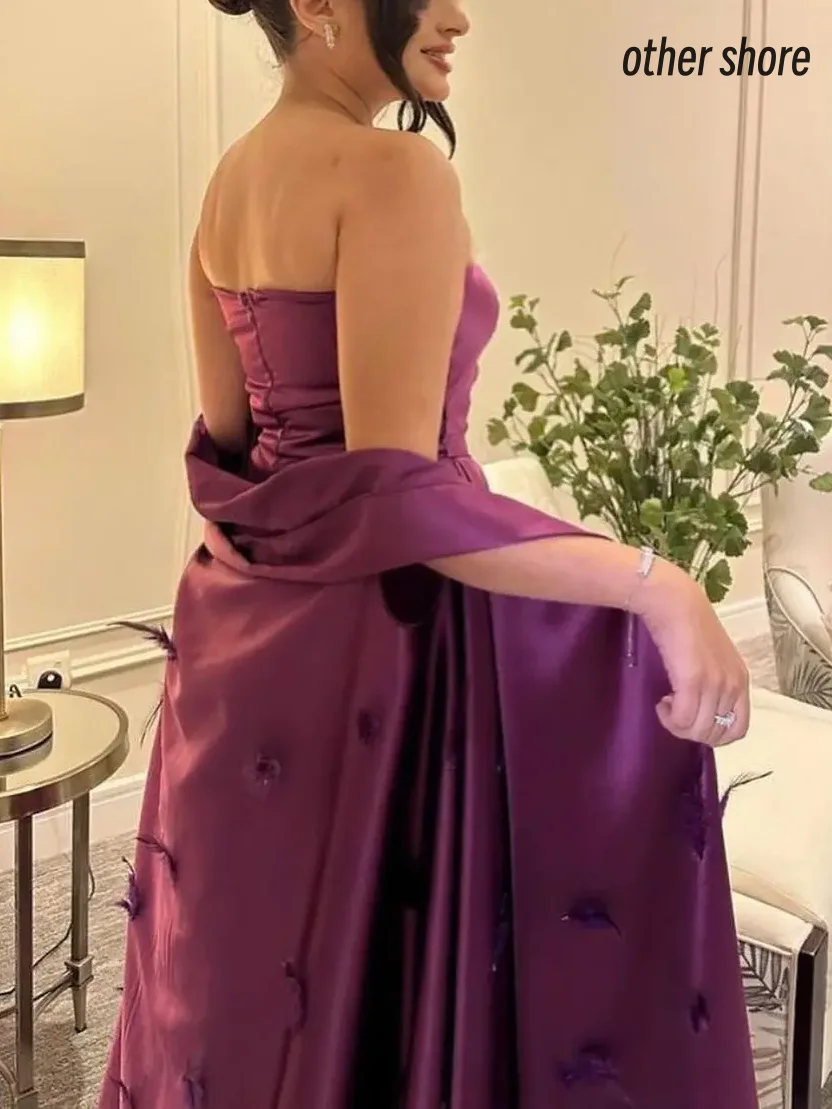 Other Shore Elegant Vintage Sweet Purple Feathers Strapless A-Line Customize Formal Occasion Prom Dress Evening Party Gowns