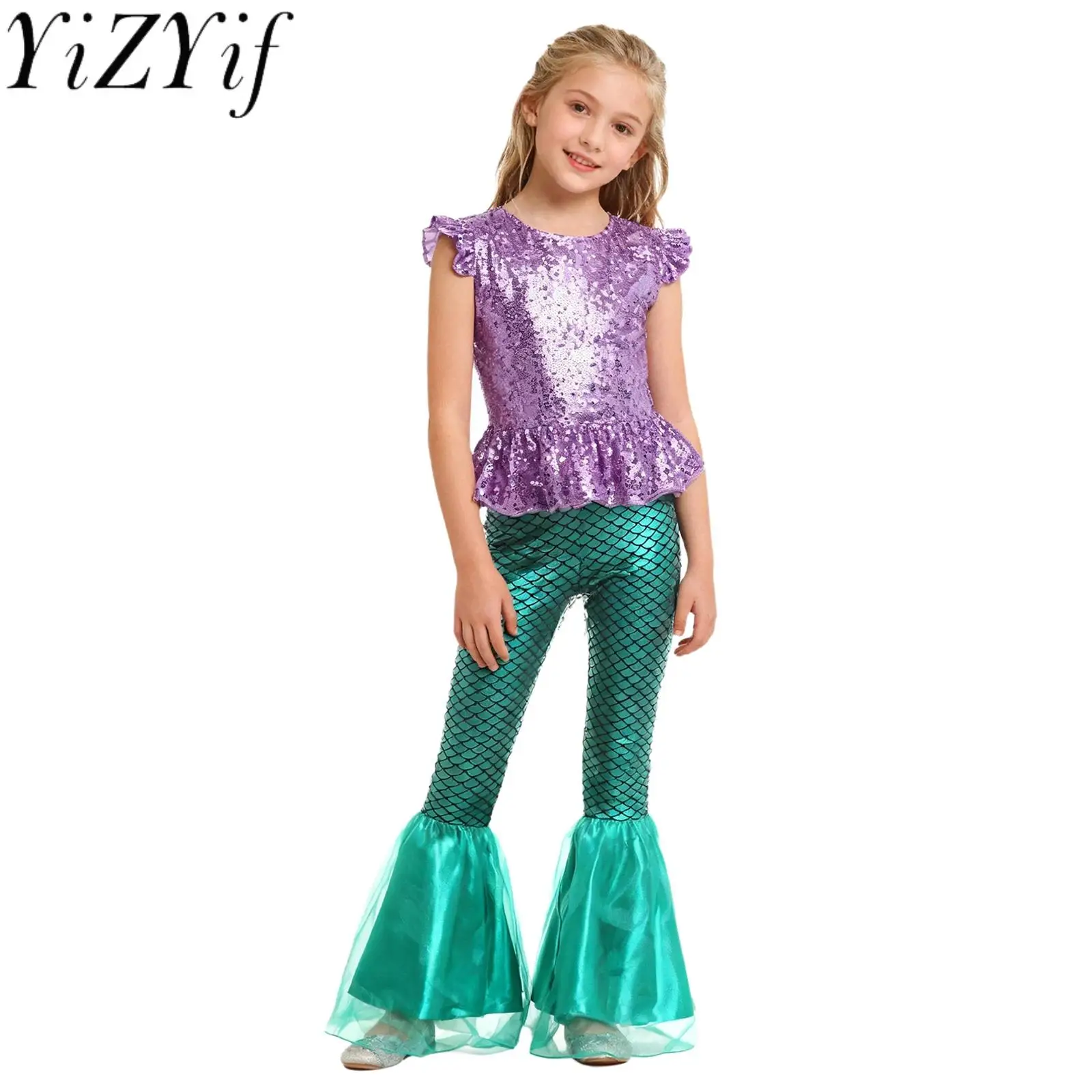 

#6-16 Halloween Mermaid Cosplay Costumes Sparkly Sequins Short Flutter Sleeves Top with Ruffle Flared Pants for Beachwear Party
