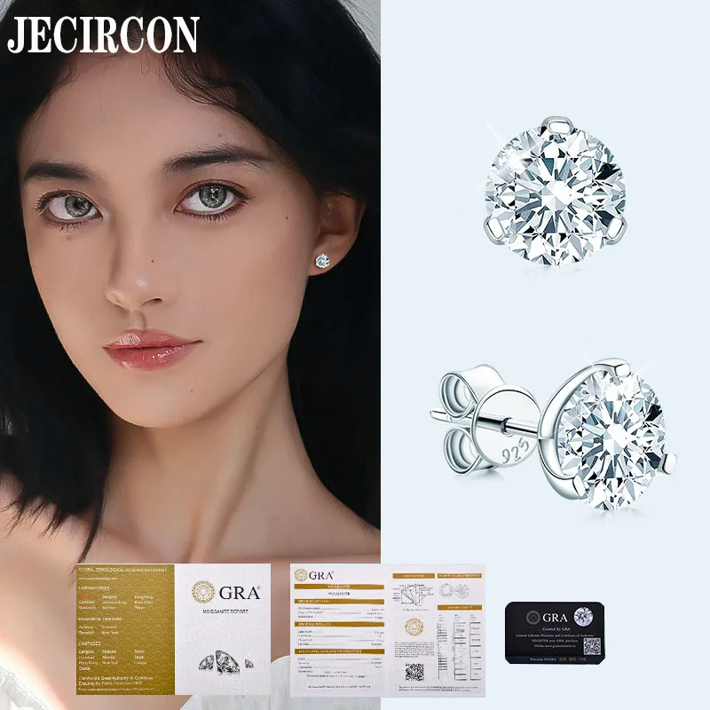 

JECIRCON New Classic Stud Earrings for Women S925 Sterling Silver Inlaid 1.5 Carat D Color Round Moissanite Diamond Ear Jewelry