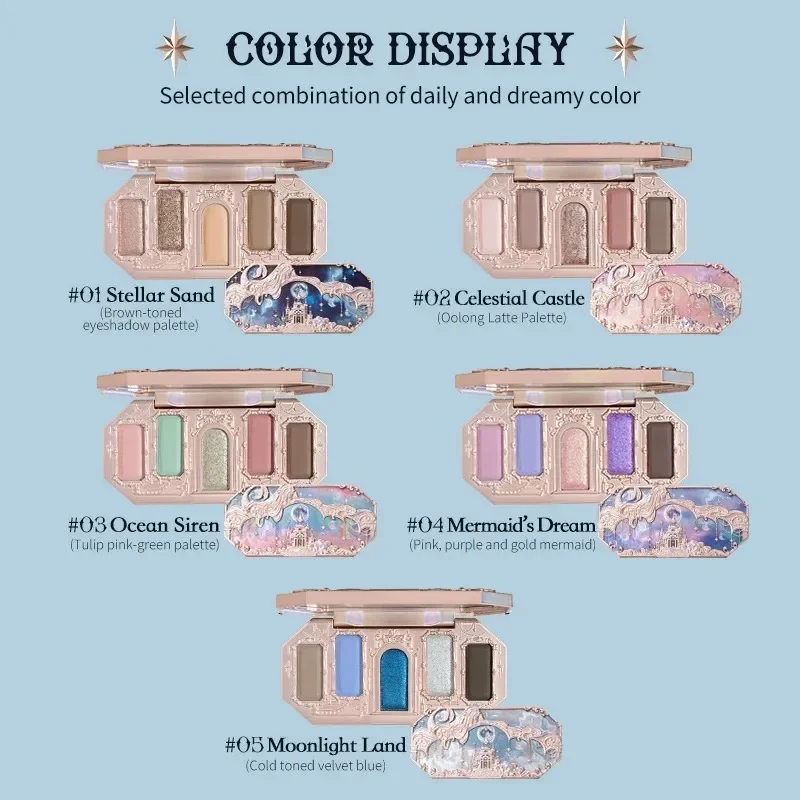 Fiore sa Moonlight Mermaid Eyeshadow delicato Matte Glow Shimmer Chameleon Waterproof 5 Color Glitter Eye Shadow Palette