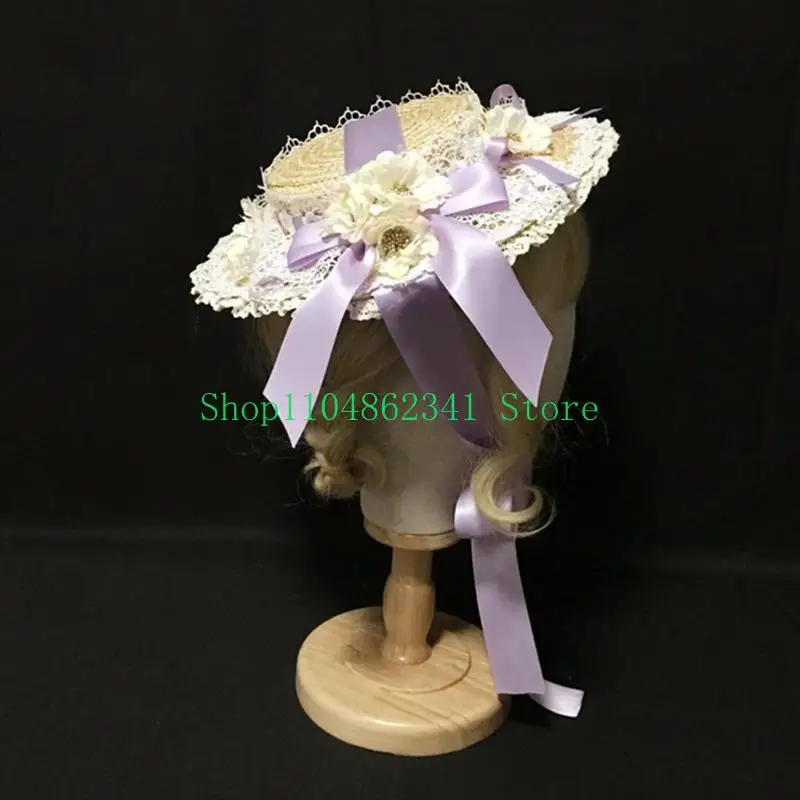 652F Women Girls Elegant Tea Party Flat Hat Multilayer Lace Bonnet Artificial Flower Ribbon Bow Straw Beach for Sun