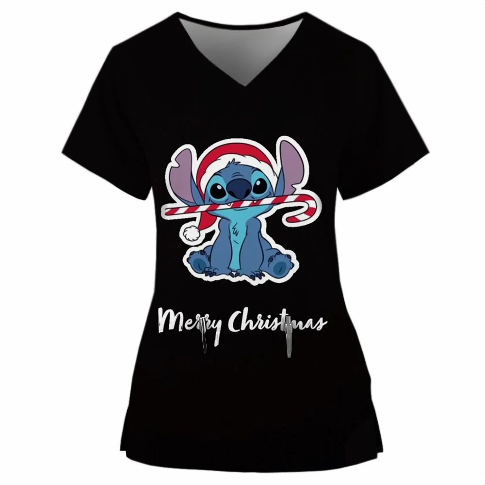 Disney Stitch print Nurse Scrubs Tops Christmas Unisex Medical Uniform Cartoon Nurse Scrubs T-shirts Dentist Beauty Spa Workwear