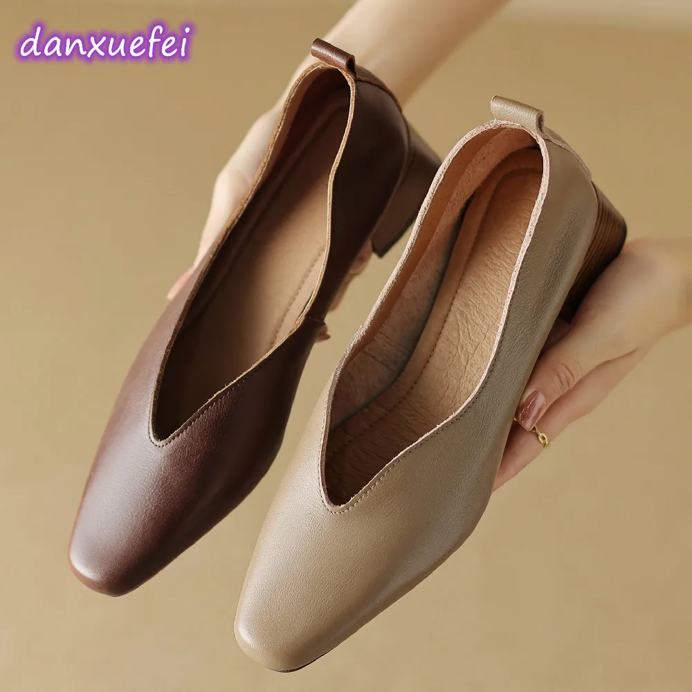 

danxuefei plus size 34-42 women's genuine leather soft comfortable slip-on pumps 4cm thick low heel OL style daily shoes women