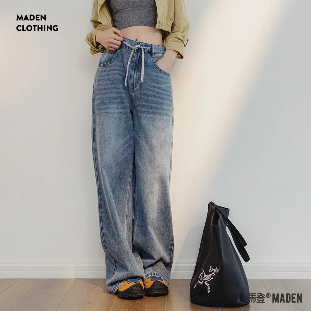 Maden Light Blue Wide-leg Jeans for Women Vintage Drawstring Waistband Straight Pants Summer Casual Pants Washed Jeans S M L XL