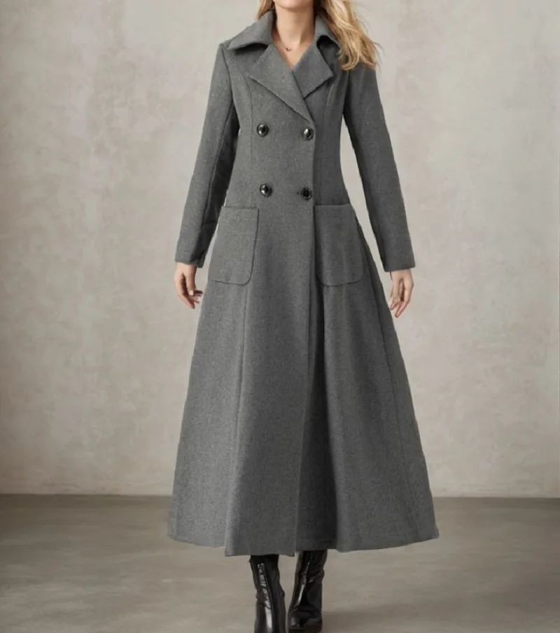 سترة نسائية رمادية طويلة من الصوف سترة مزدوجة الصدر مصممة خصيصًا معطف دافئ قطعة واحدة حسب الطلب #4