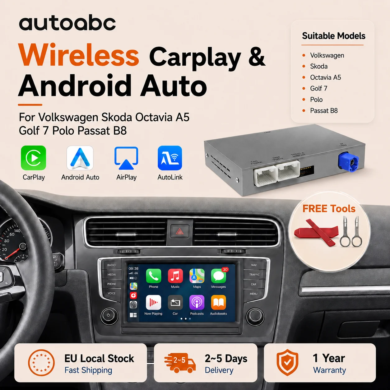 AUTOABC Bezprzewodowy Dekoder Interfejsu Carplay do VW Golf 7 MK7 Gti MK3 Polo Seat Skoda Passat B8 z MIB MIB2 z Obsługą Mirror Link, Kamer, BT, GPS, Interfejs Android Auto