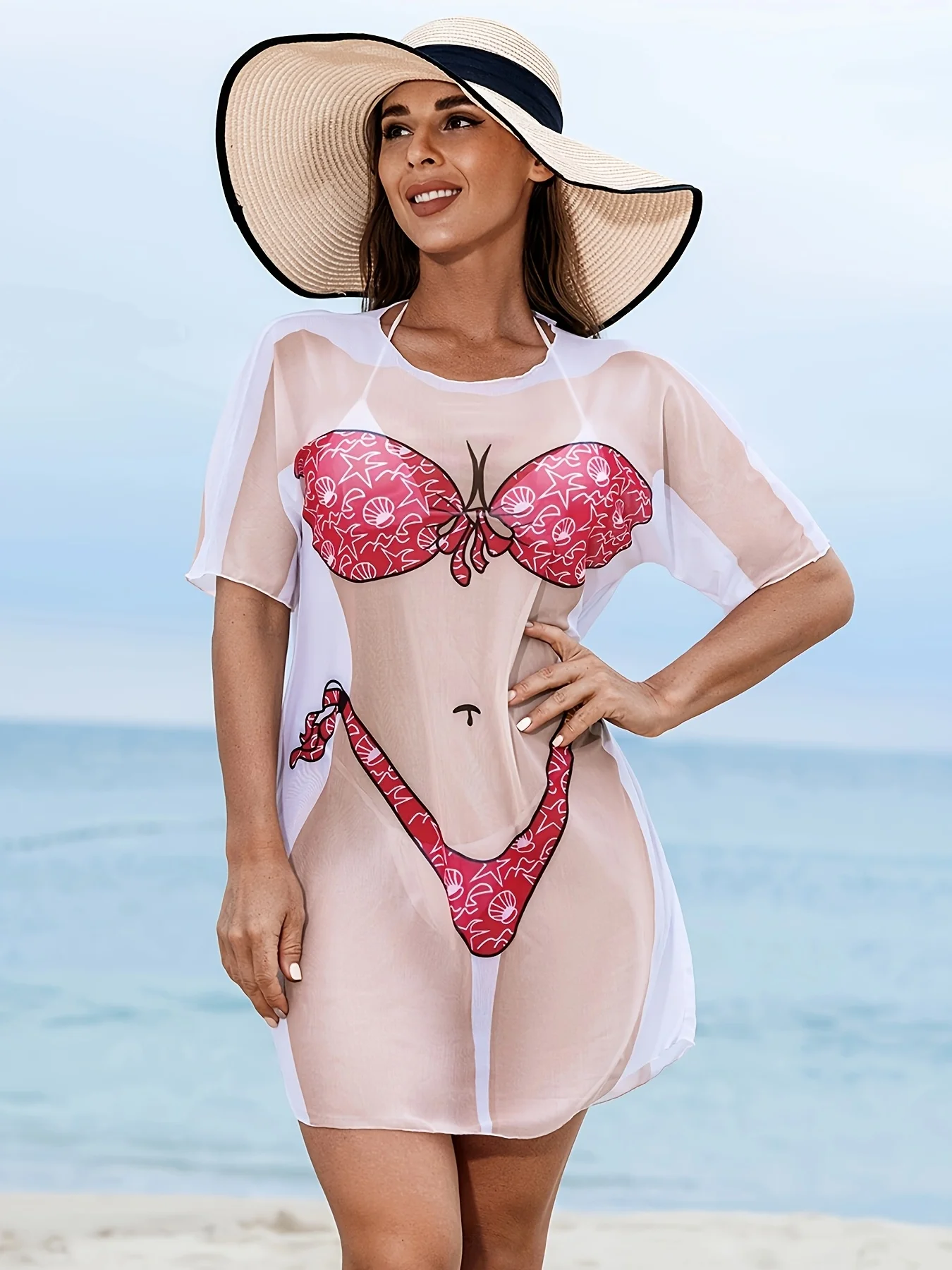 Ocean Pattern Print Bikini Cover-Up for Women, Hot Spring Vacation Swimwear Outer Cover-Up, Beachwear, Half-Skirt, Half-Sleeve Mesh Positioning Print