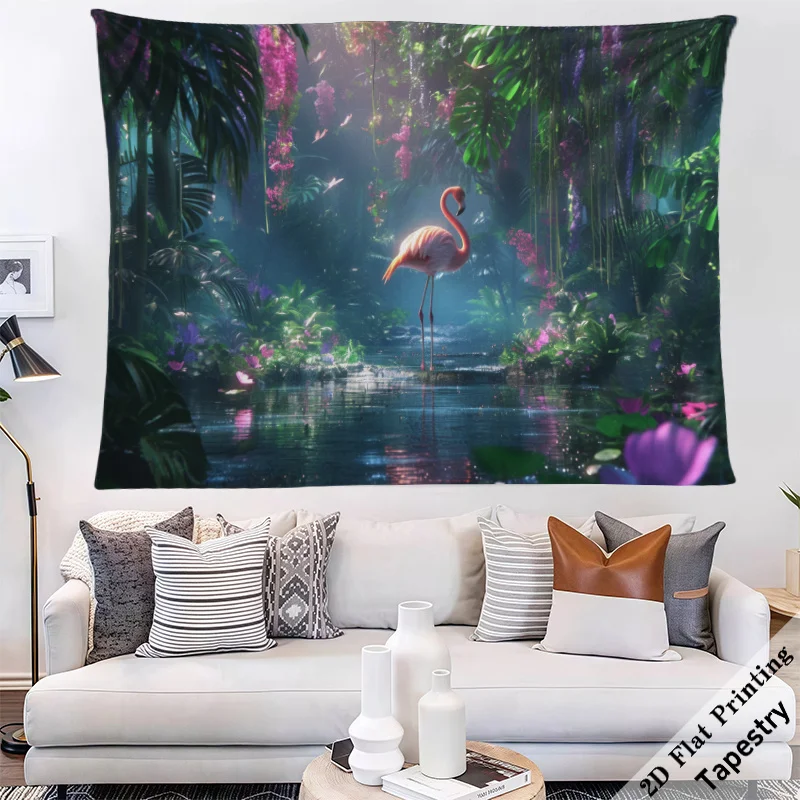 Tropical Pink Flamingo Jungle Nature Aesthetic Wall Tapestry Decoration