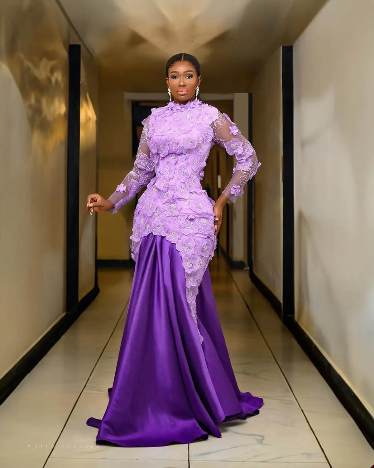 Abiti da ballo a sirena viola taglie forti arabi Fiori 3D Appliques Abiti da sera Abito formale da secondo ricevimento per feste a maniche lunghe