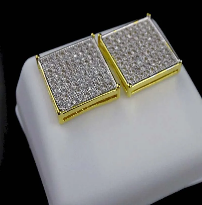 micro pave AAA cubic zirconia 8*8 square crown cz gold color screwback men earring