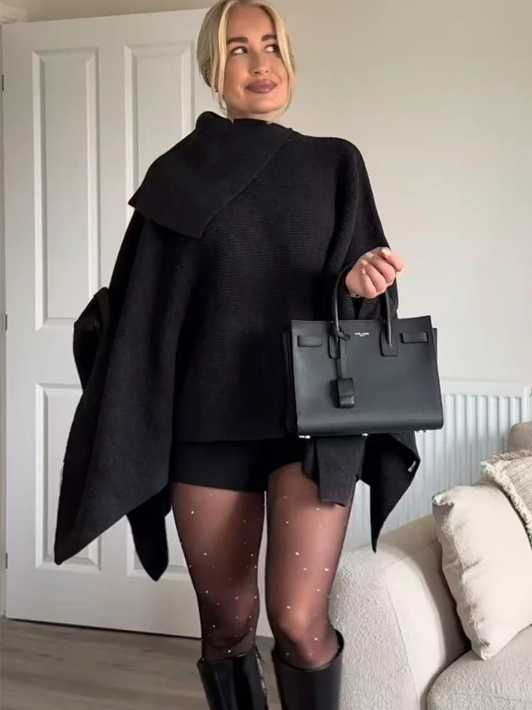 

Women's Knitted Asymmetrical Cloak Coat Solid Oversize Fashion Pullover Knitwear Women Irregular Collar Cloak Top Winter New