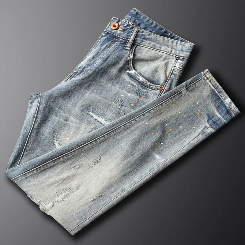 Pantalones vaqueros rasgados elásticos para Hombre, Jeans rasgados, estilo Retro, Hip Hop, Vintage