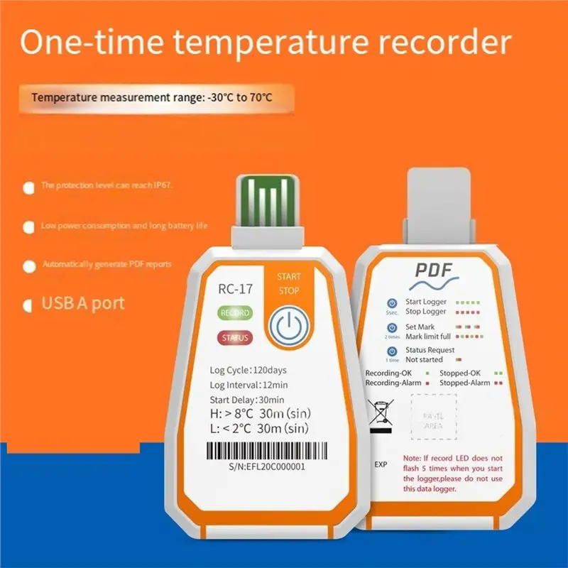 DT51 USB Temperature Data Logger 120 Days Disposable Recorder -30°C to 70°C Temp Monitor for Cold-Chain Warehouse With