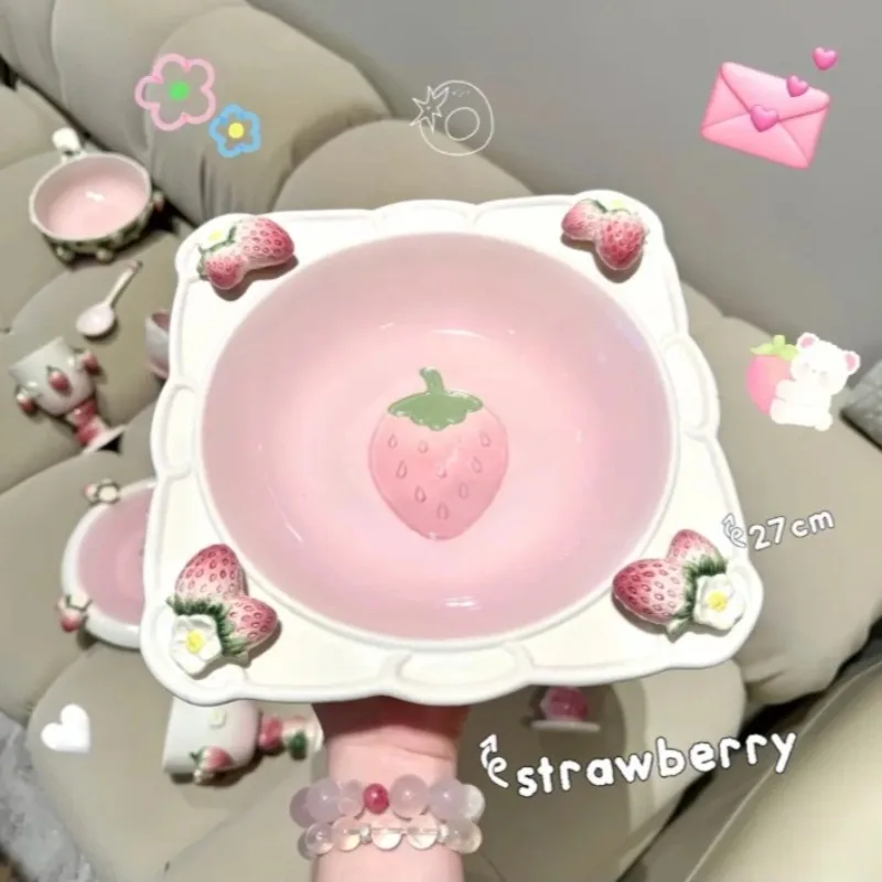 

Internet celebrity explosion strawberry hand-painted underglaze color relief three-dimensional ceramic cake salad plate