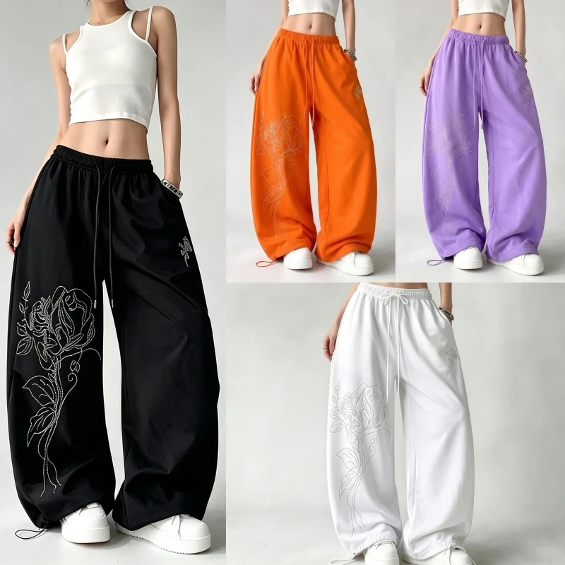 early-autumn-new-style-women's-dance-pants-loose-wide-leg-fashionable-rose-flower-heat-treated-diamond-all-match