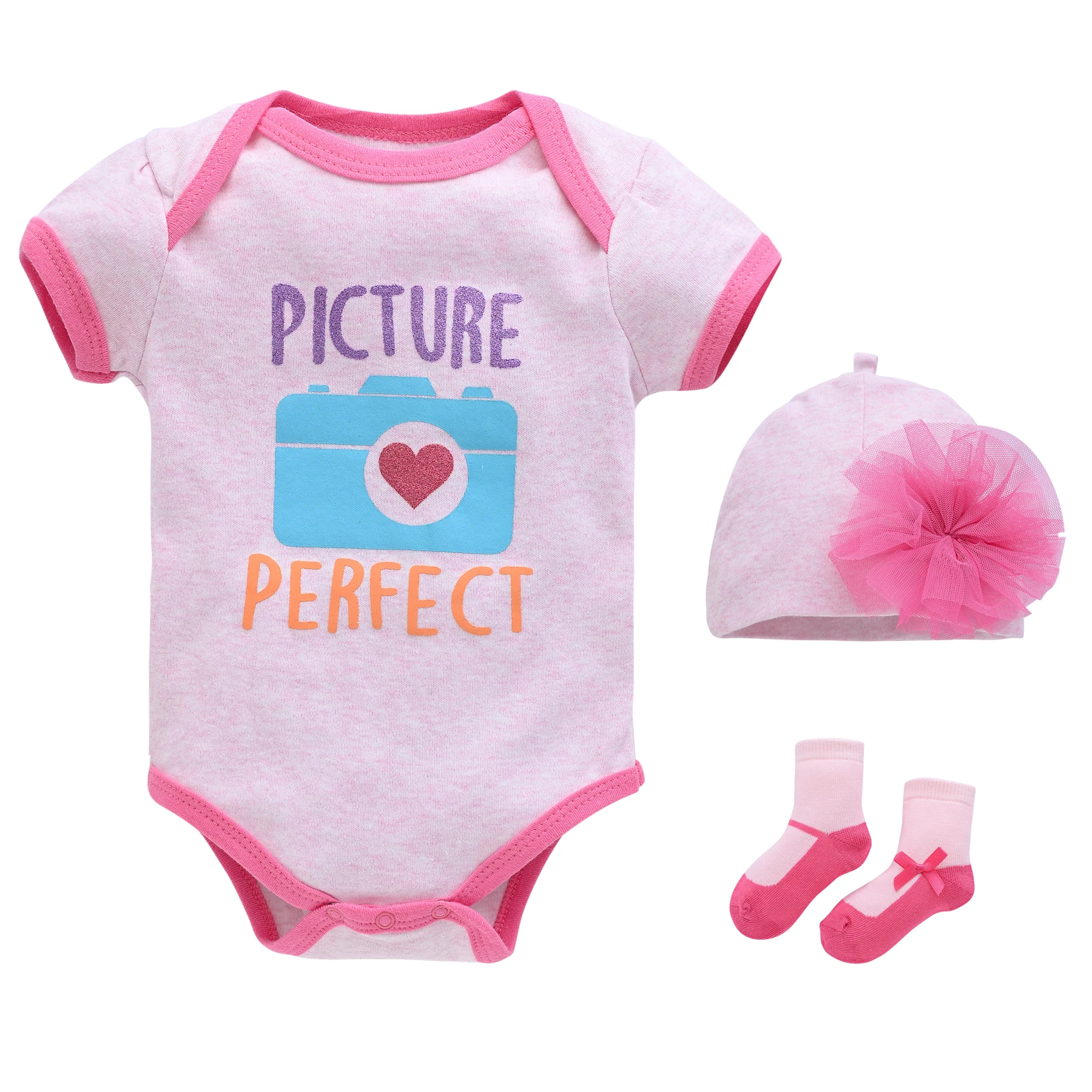 3Pieces Pink Baby Girls Clothing Baby Romper +Hat+Socks Newborn Gift Set Kids Clothes 100% Cotton Princess Girls Dresses