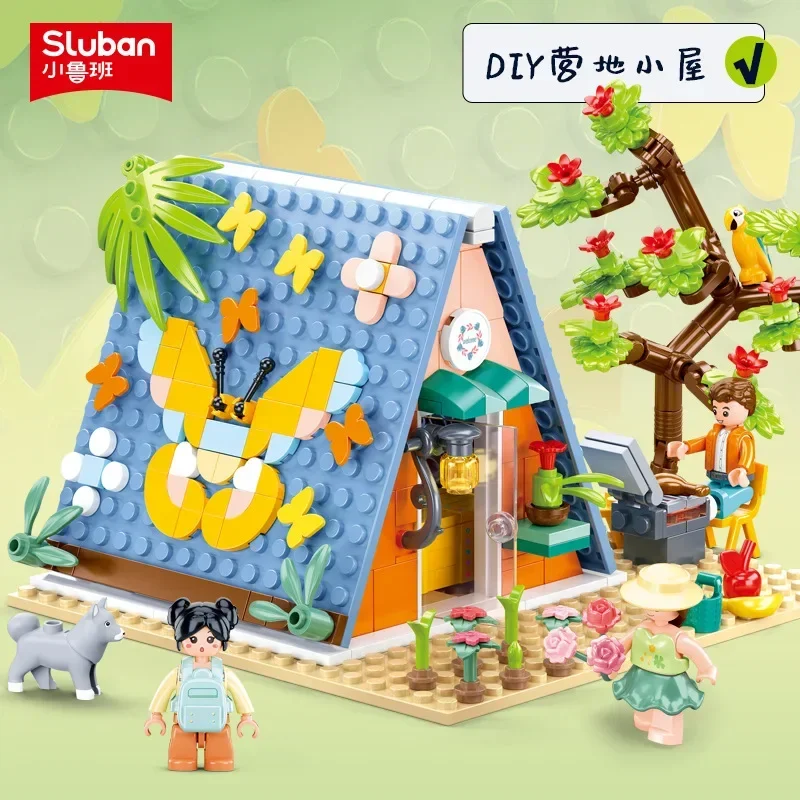 Sluban Friends City Cat Hotel Sets Girl A-Frame Pet House Apartment Garden Villa Sakura Tree Building Blocks Animal Toy Kid Gift