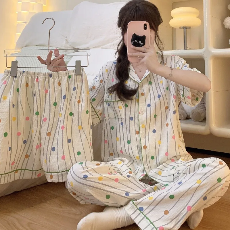 

3 Piece Set of Women Pajamas Cloud Cotton Stripe Polka Dot Short Sleeve Shorts Student Cardigan Loungewear Trousers Set Night We