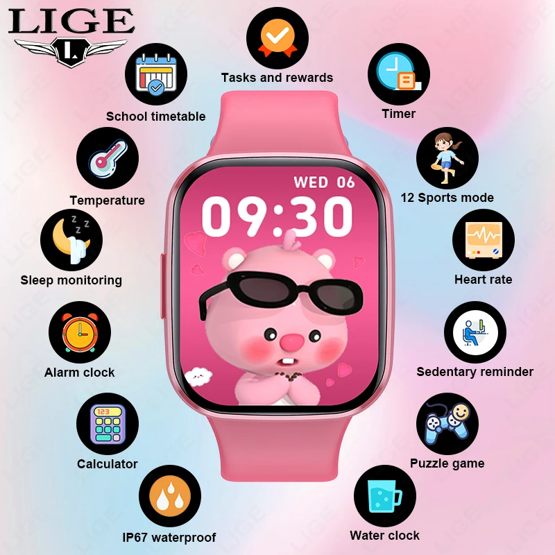 

LIGE New Kids Smart Watch Child BT Call Waterproof Smartwatch Boys Girls Present Message Remind Sport Alarm Clock Watch Bracelet