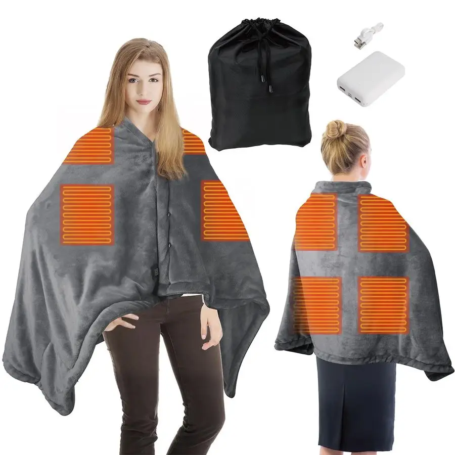 

Battery Powered Heated Blanket with USB Power Bank Electric Wearable Throw Shawl, 3 Heat Levels, Fast Heating Cordless Blanket f