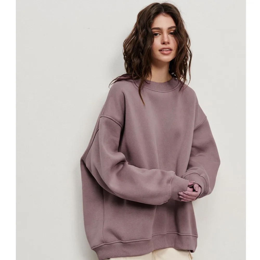 Women's Oversized Fleece Pullover Hoodie Loose Fit Round Neck, Monochromatic Street Autumn And Winter New For Women's Sweater