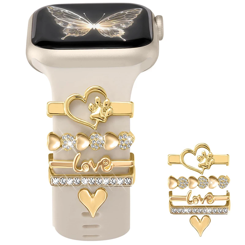 1 conjunto moda amor & pata apple watch band-elegante pulseira de strass brilhante bonito coração & cão pata encantos, ajuste iwatch 2-9se/ultra