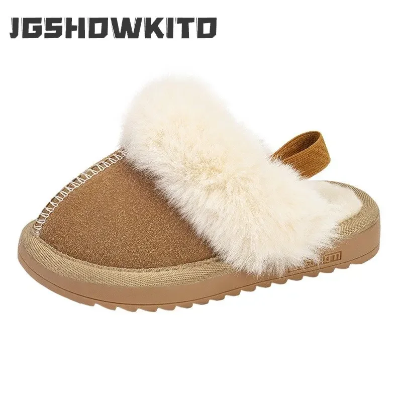 Pantofole in peluche in pelle scamosciata per bambini in stile coreano 2023 inverno nuove ragazze scarpe in cotone con fascia elastica semplici