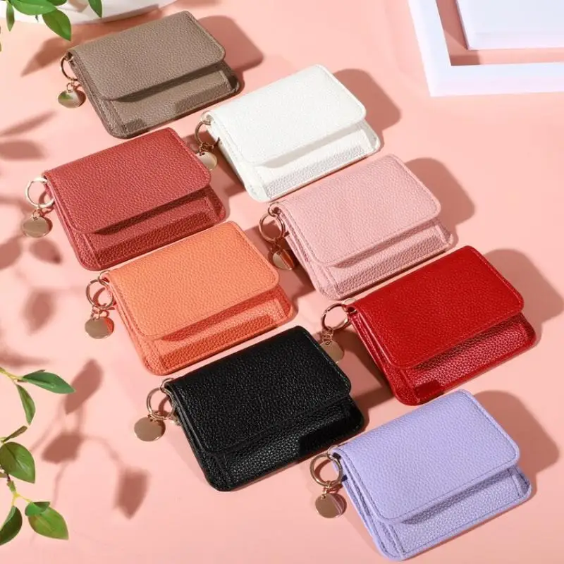 Minimalist Textured Faux Leather Card Wallet Multiple Slots with Key Ring Compact Size for Gift Daily Personal Use