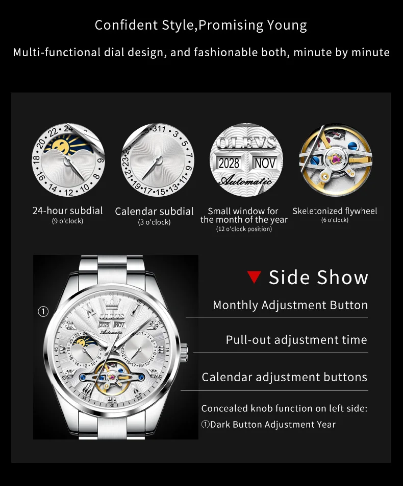 OLEVS 7028 NEW Hollow Automatic Watches for Men Moon Phase Calendar Man Watch Steel Strap Luxury Skeleton Mechanical Wristwatch