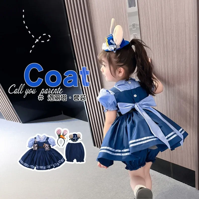 Casual Dress with Rabbit and Police Design, Puff Skirt, Suitable for Performance of Officer Judy New 2024 Girls