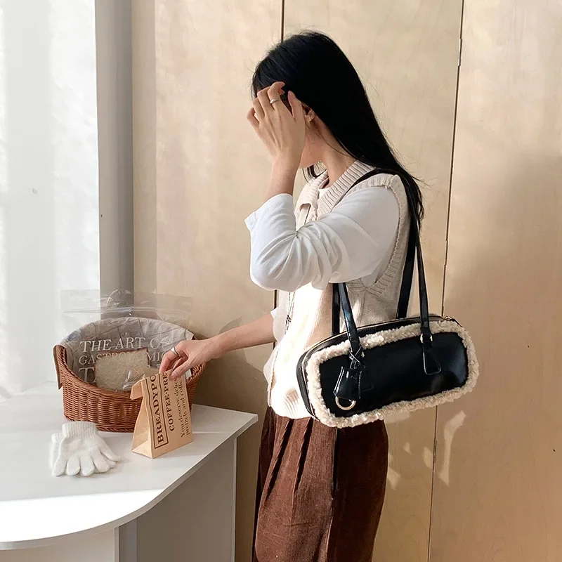 Fall Winter Boston Bag, Vintage Shearling & Leather Tote for Women, Trendy Patchwork Shoulder Bag, Luxe Faux Fur Handbag