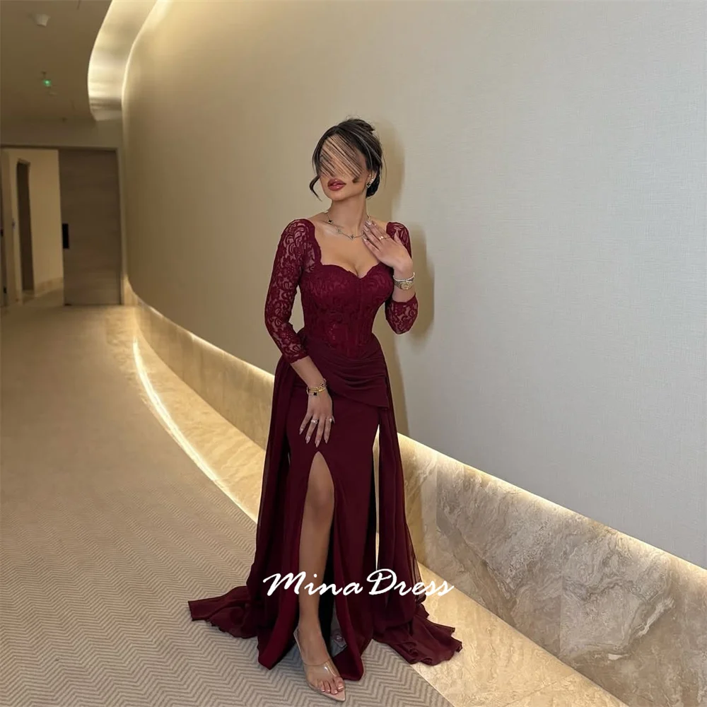 미나 맞춤 레이스 사이드 슬릿 버건디 고급스러운 스퀘어 넥 스커트 이브닝 드레스 럭셔리 우아한 파티 드레스 여성 프롬 2025