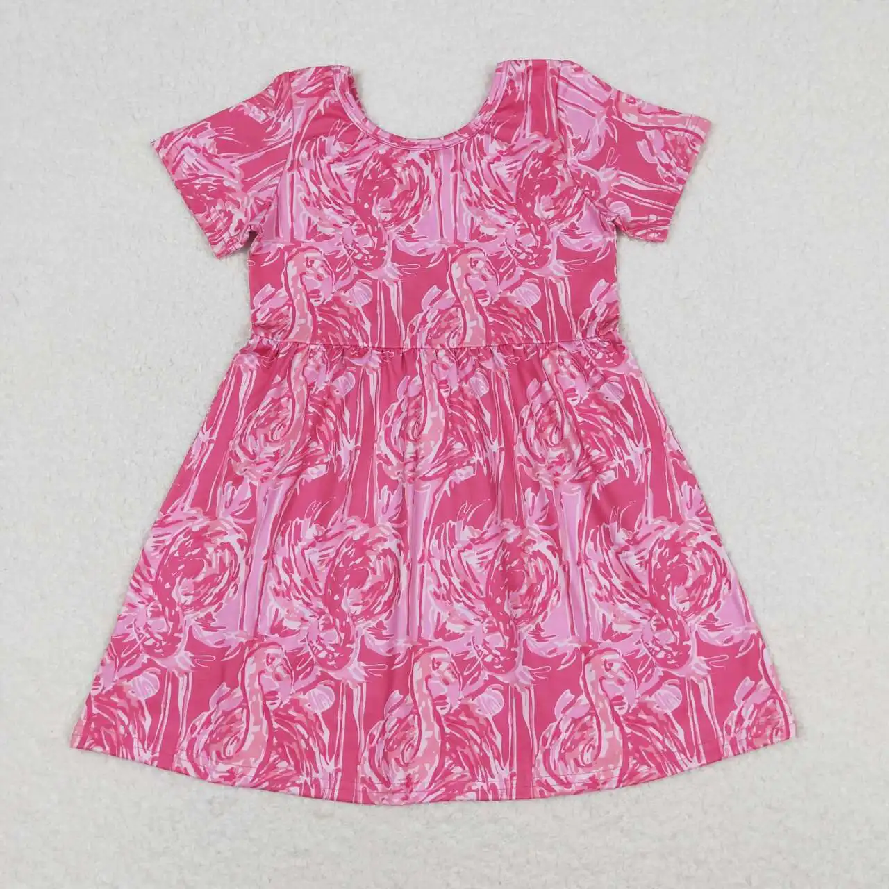 GSD1116 Kids Girls Dresses Short Sleeves Top Flamingo Rose Red  Print  With Dress  Children Clothes