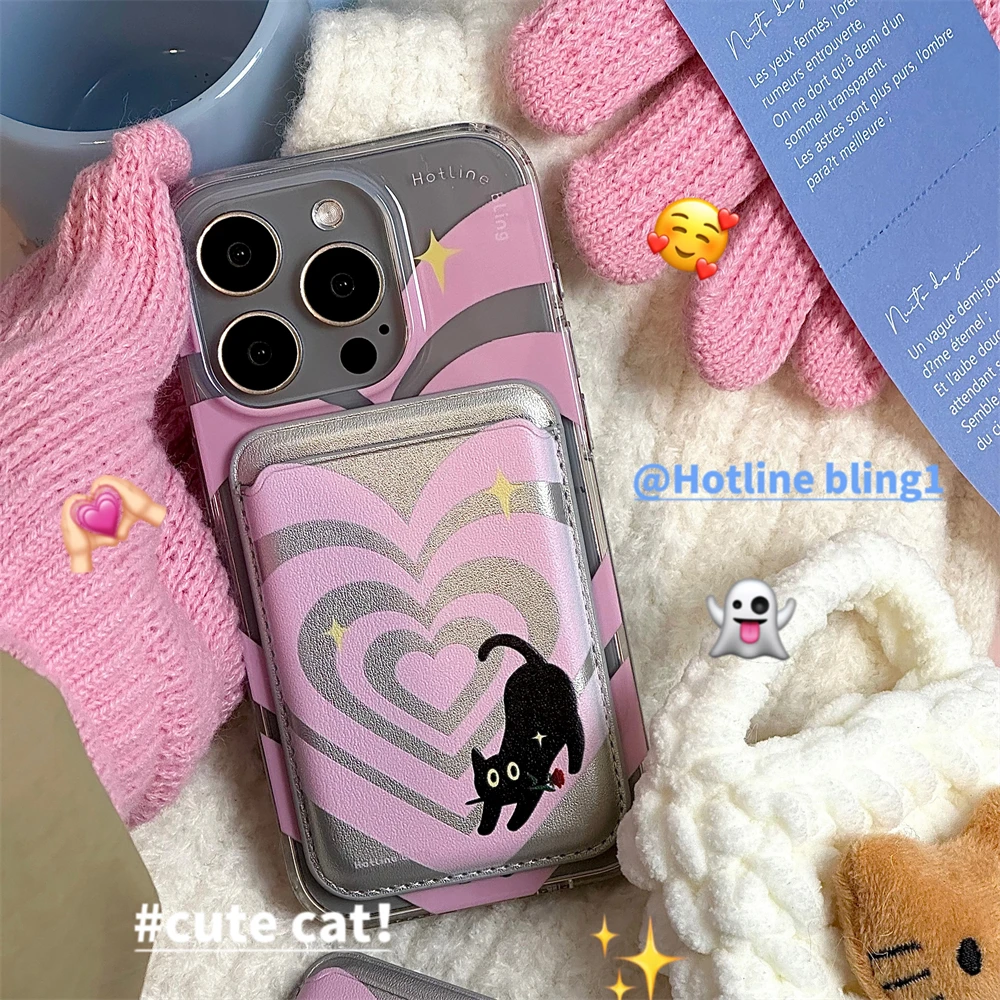 Cute Gradient Love Heart For Magsafe Magnetic Card Holder Case For iPhone 15 Pro Wallet Card Holder Cute Cat Phone Accessories