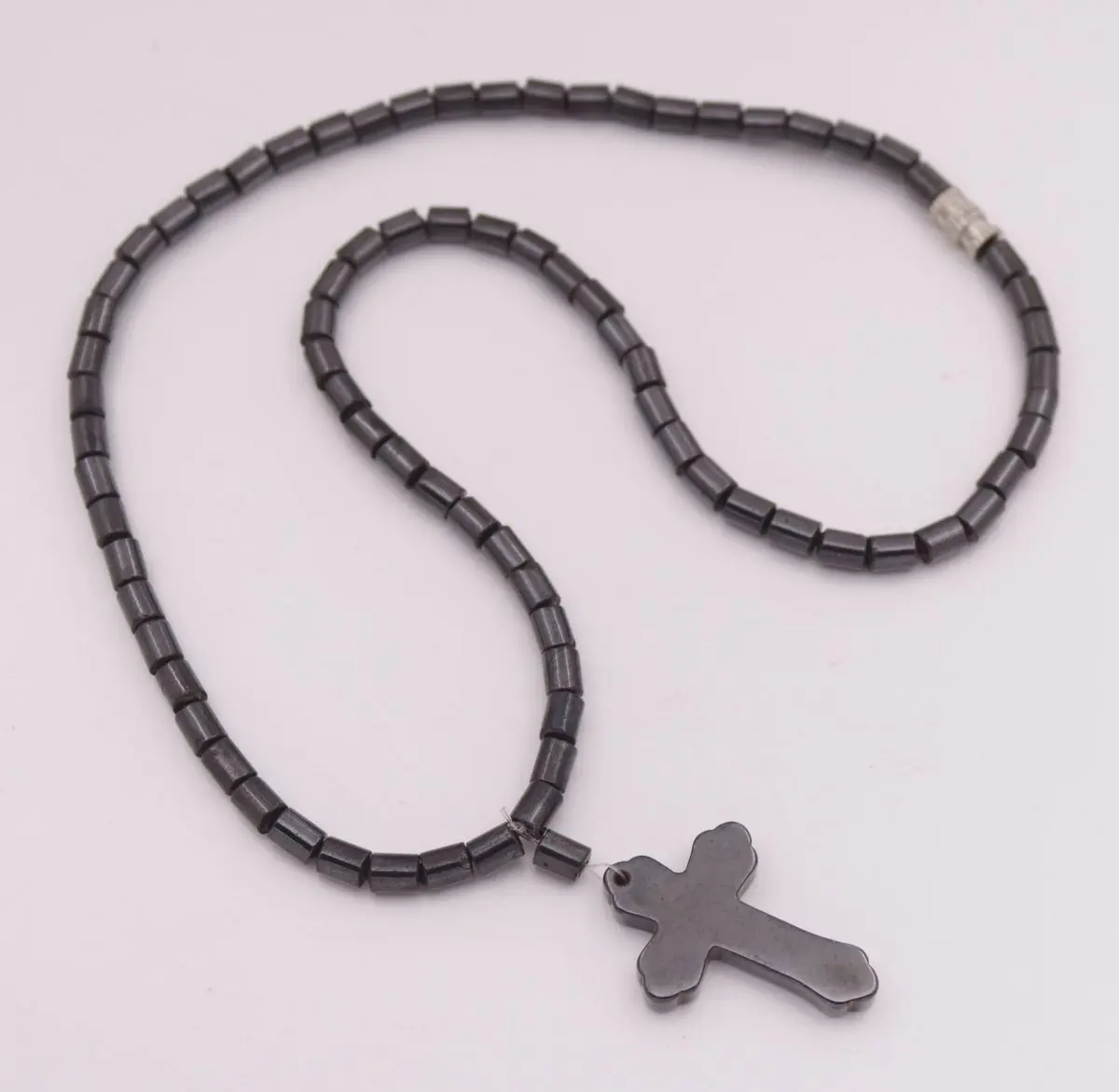 Natural Black Magnetic Tube Hematite Cross Pendant Necklace 18