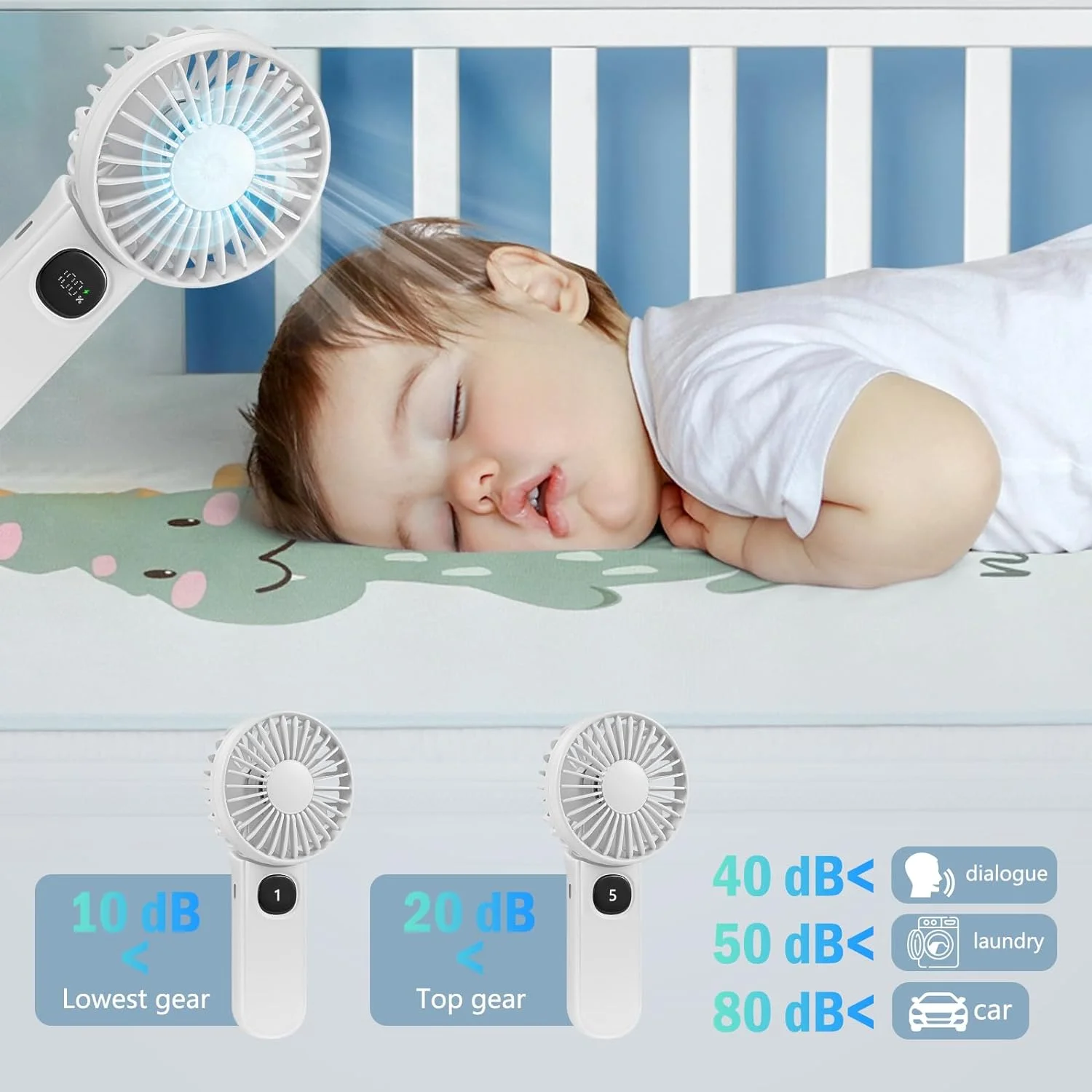 Tragbarer Handventilator, 2er-Pack, faltbarer Mini-Handventilator, wiederaufladbarer USB-Lüfter, batteriebetrieben, mit 5 Geschwindigkeiten, leise, klein, persönlich
