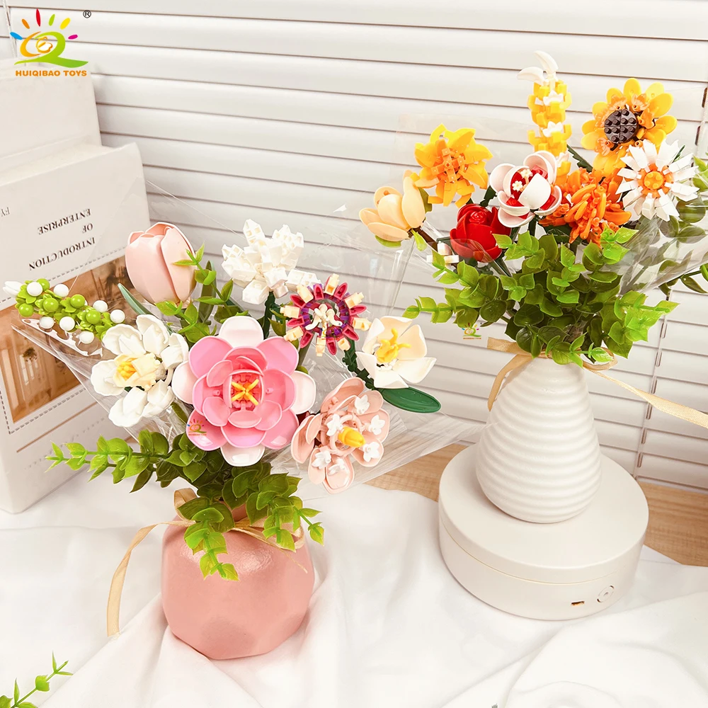 HUIQIBAO MOC Flower Bouquet Model Micro Building Block DIY Rose Eternal Home Desk Plant Decoration Brick Girl Gift Children Toy