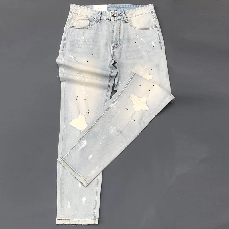 Street Fashion Designer Men Jeans Retro Washed Light Blue Stretch Slim Fit Ripped Jeans Men Painted Vintage Denim Pants Hombre