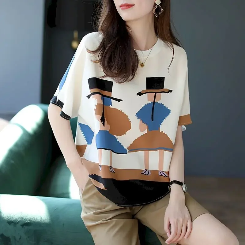 

Темпераментные футболки с принтом, женская модная шифоновая рубашка, модная футболка с круглым вырезом и коротким рукавом, летняя тенденция, свободная тонкая футболка Y2k