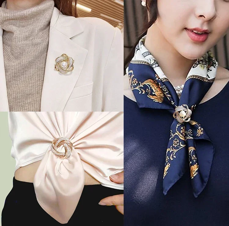 2pcs Trendy Vintage Rhinestone Flower Scarf Buckle Pearl Crystal Scarf Ring Women Hollow Scarve Buckle Brooch Jewelry Accesories