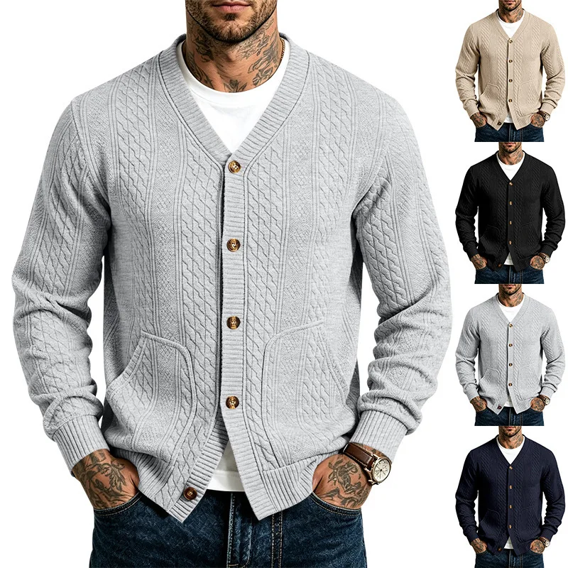 Men Cable Knit V Neck Cardigan Button Front Long Sleeve Sweater Coat Pockets Casual Solid Color Lightweight Knitted Outerwear